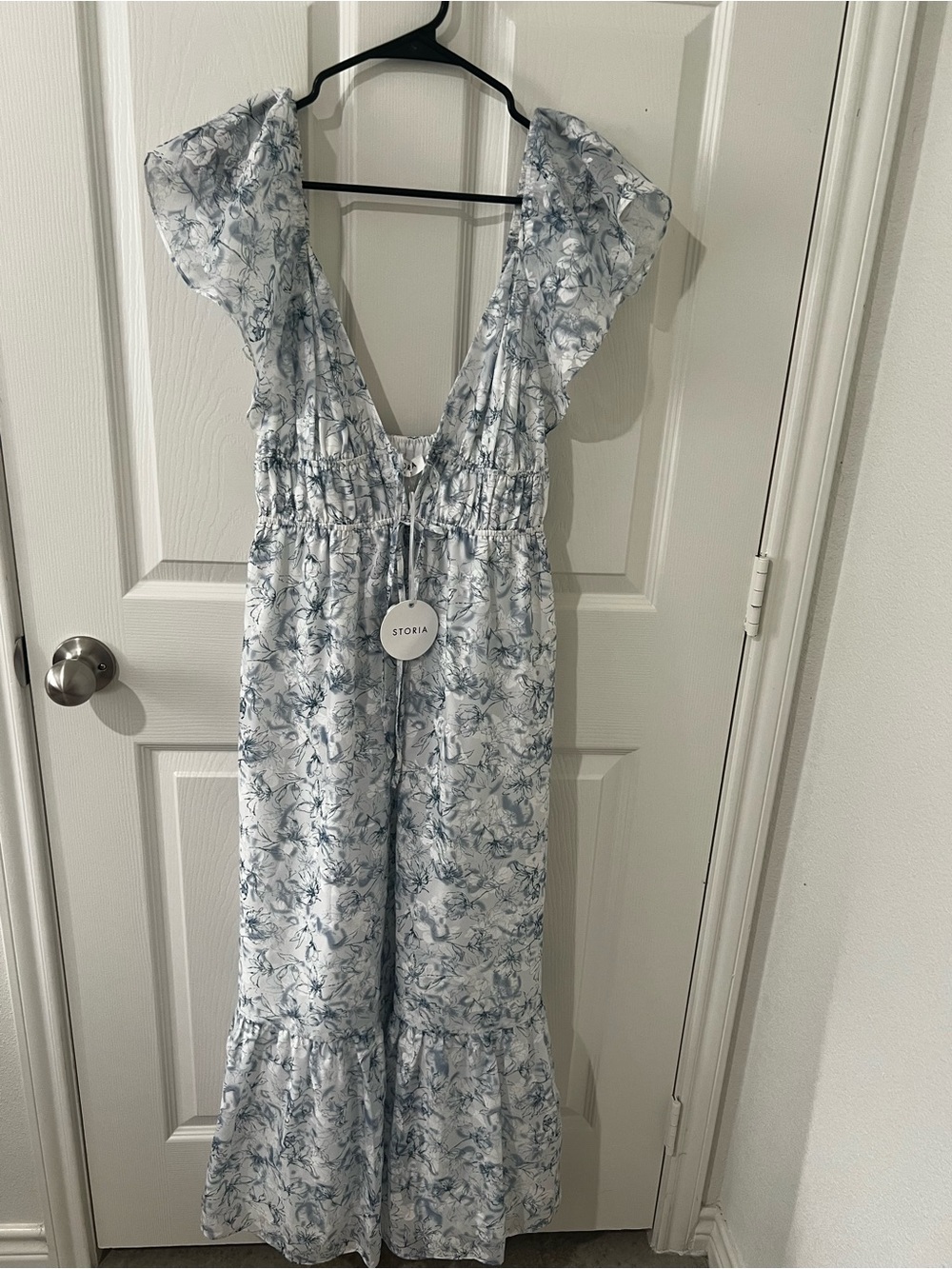 Storia Light Blue Floral Tie-Waist Ruffle Maxi Dress